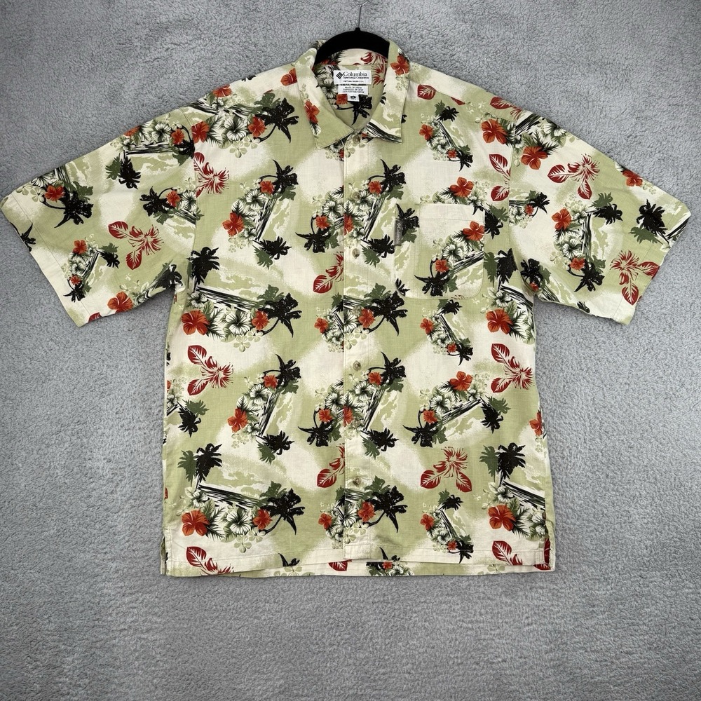 Columbia Men's Size M Hawaiian Floral Button Front Short Sleeve Camp Shirt Beige